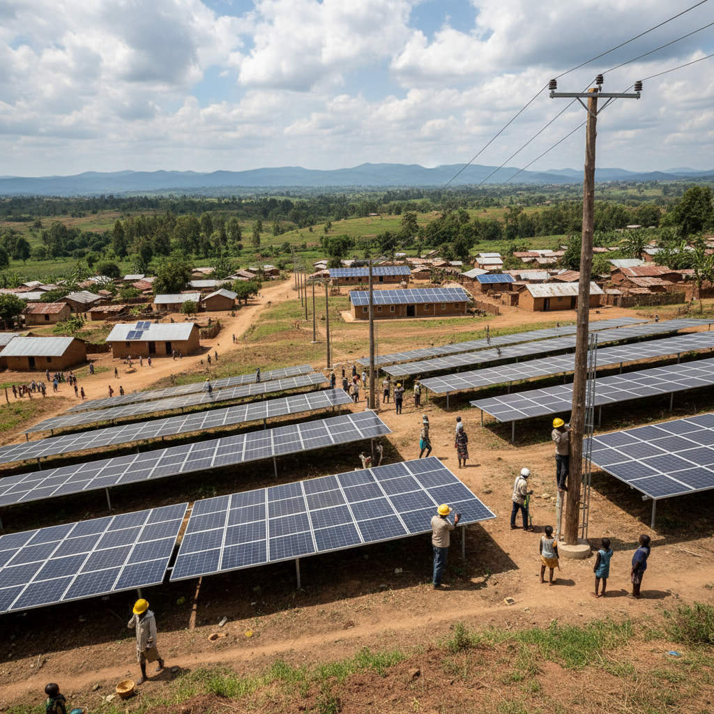 Community construction project in a Nigerian village, workers building infrastructure, bright open sky
