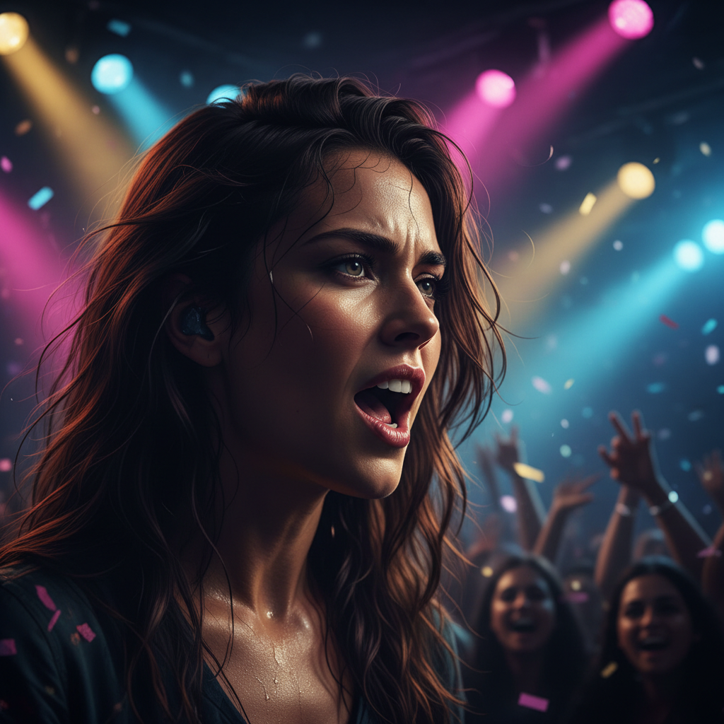 Woman with passionate expression, concert setting