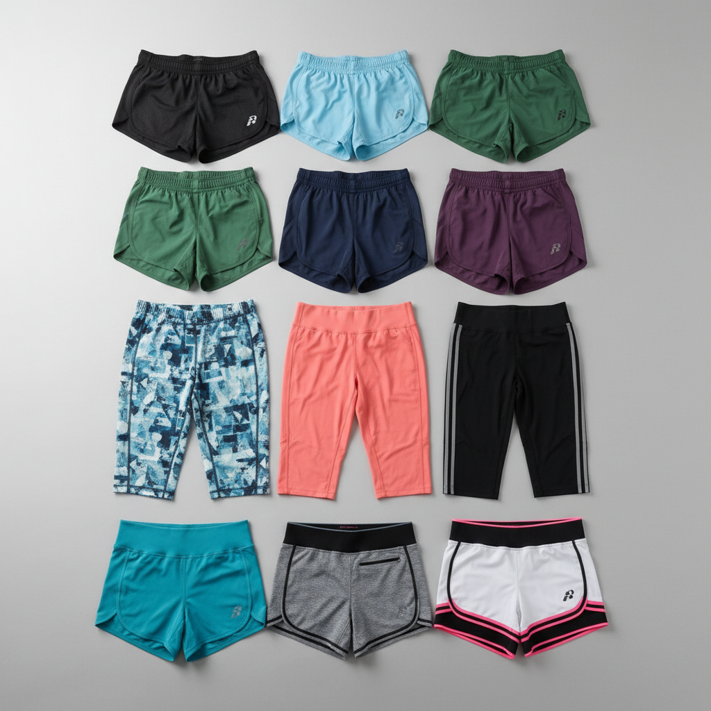 Athletic running shorts in bright studio display on clean white background