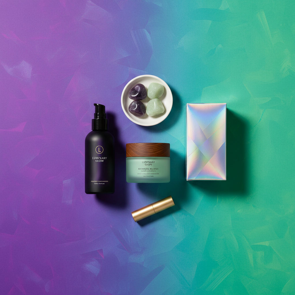 Split-tone product flatlay with electric violet to aurora green gradient wash