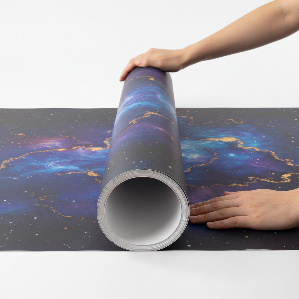 Large format poster print being rolled up on a white surface