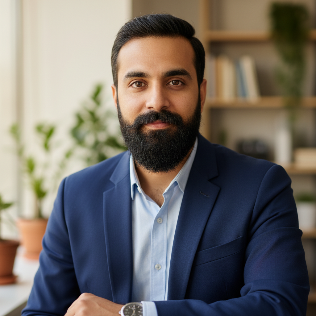 Professional headshot of Indian man with beard in business casual attire