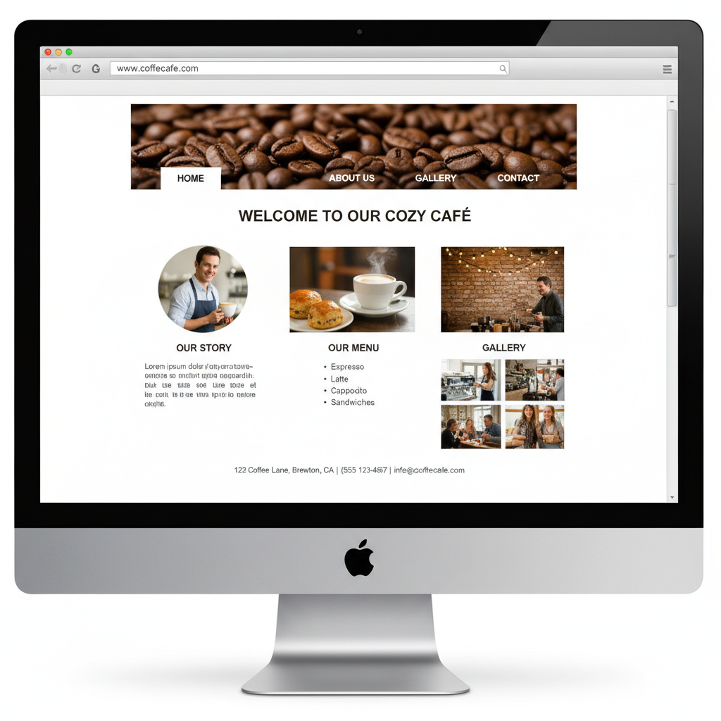 Cluttered coffee shop website with mismatched fonts, low-quality photos, and confusing menu layout on bright white background