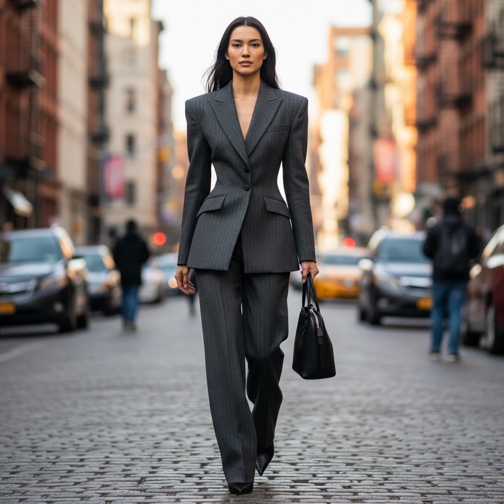 Model wearing utility jacket on city street, urban background, natural afternoon light