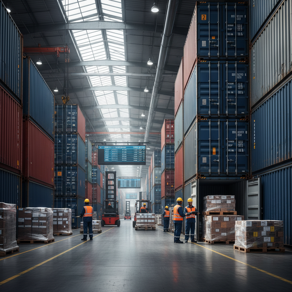 Modern warehouse with organized shelving, workers in safety vests, bright industrial lighting, professional logistics environment