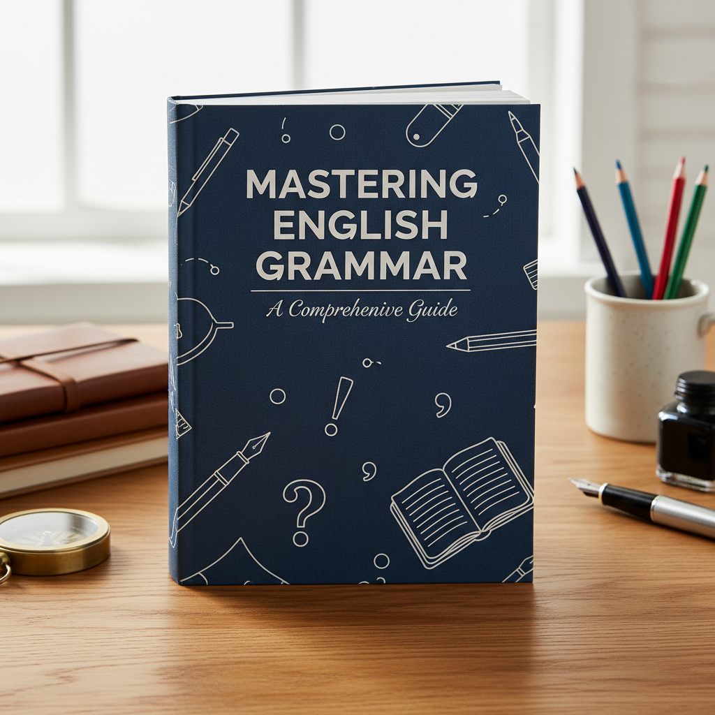 Grammar textbook with highlighted rules, clean white background, educational atmosphere