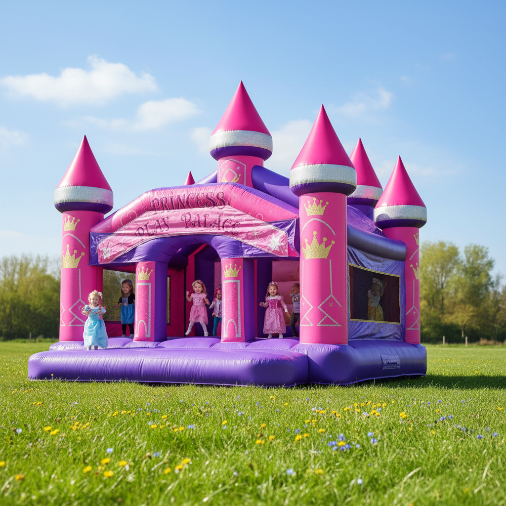Pink and purple princess-themed bounce house with turrets on green grass