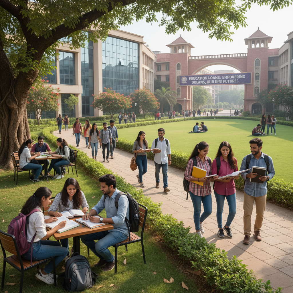 Indian university campus corridor with water dispensers, students, bright educational building interior