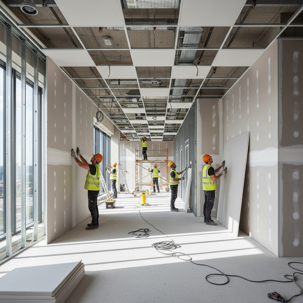Interior renovation in progress, workers installing fixtures in a commercial space, bright work lighting, construction materials