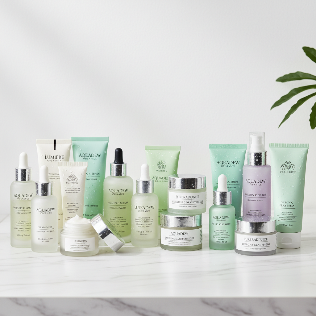 Beauty haul group buy skincare products on white marble surface
