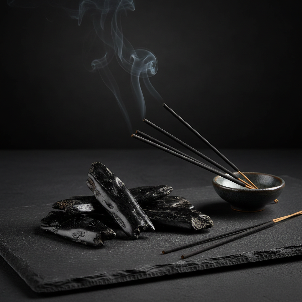 Dark amber oud resin chips and incense smoke rising in golden light against ancient stone surface