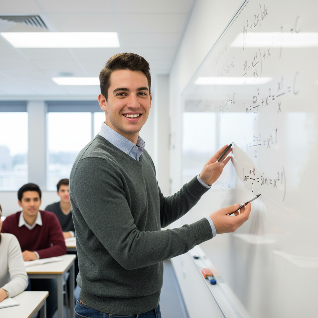 Confident high school student solving advanced calculus equations on whiteboard