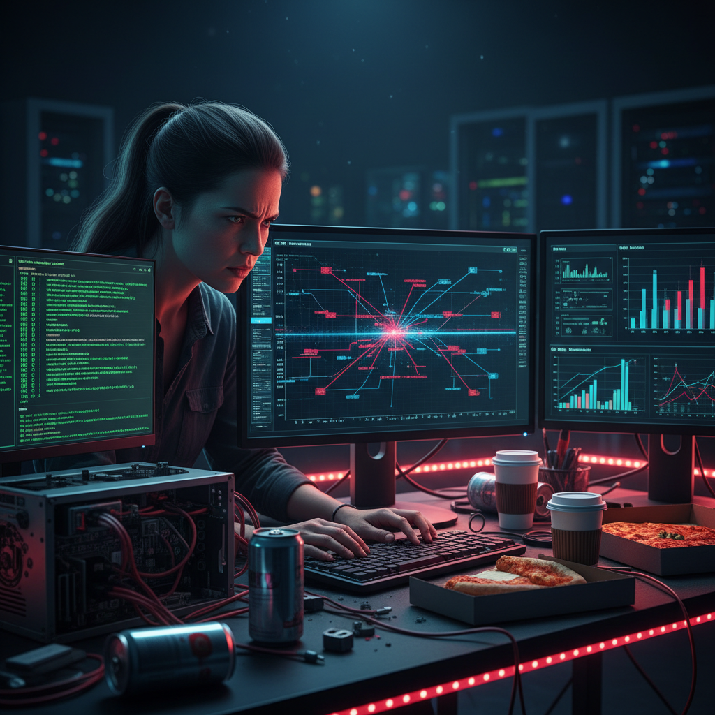 Hacker in dark room with multiple computer screens showing code