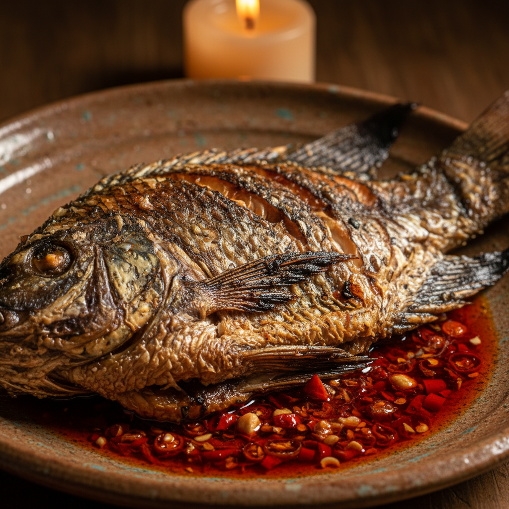 Grilled whole tilapia on a handmade ceramic plate, skin crackling and charred at the edges, chili oil pooling at the base, single candle flame visible in the background
