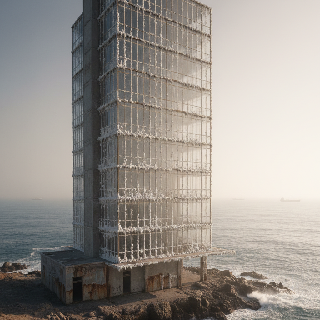 Oceanfront tower facade with salt-crusted, hazy glass before professional cleaning