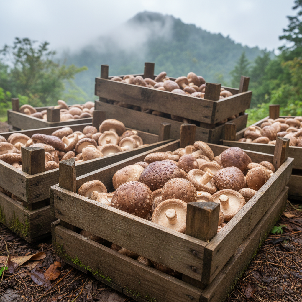 Fresh shiitake mushrooms in wooden crates, damp from mountain air