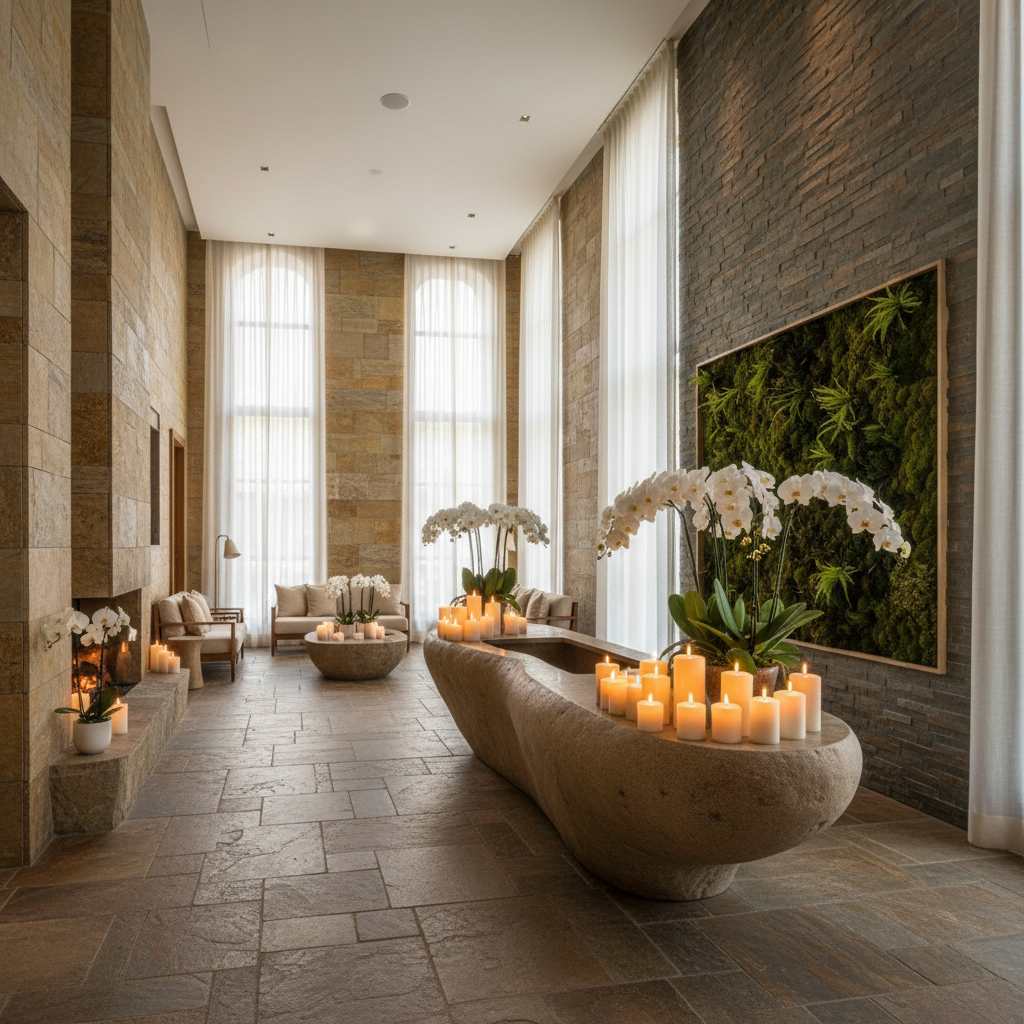 Serene spa atmosphere with candles and natural textures