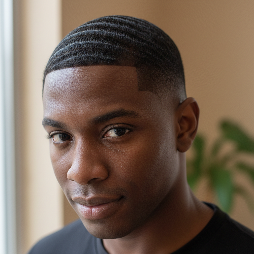 Young Black man showing off a fresh low fade with waves, bright studio backdrop, confident pose