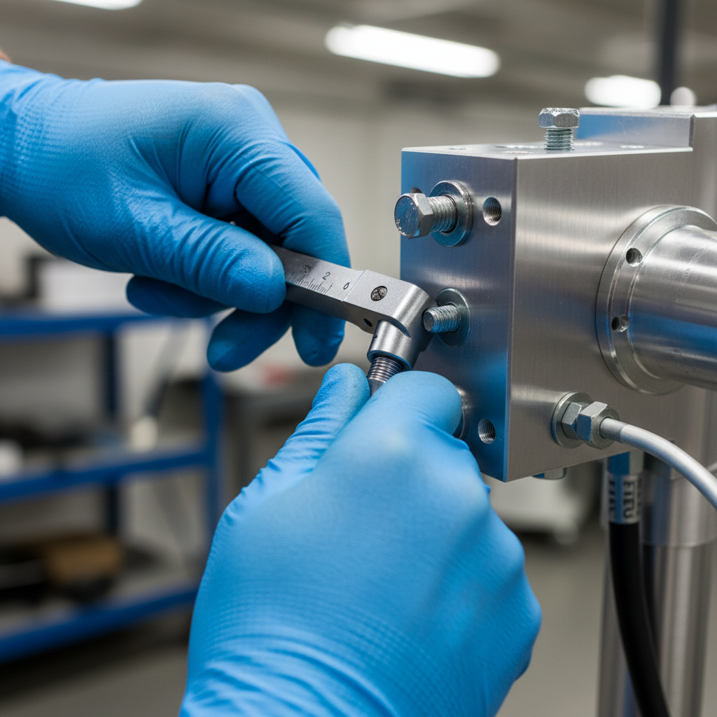 Technician's gloved hands tightening a torque bolt on antenna mount hardware under overhead fluorescent lighting