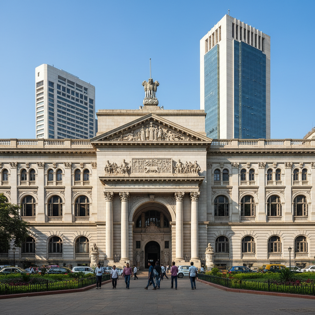 Reserve Bank of India building facade with Indian financial district skyline in background, professional photography with blue sky