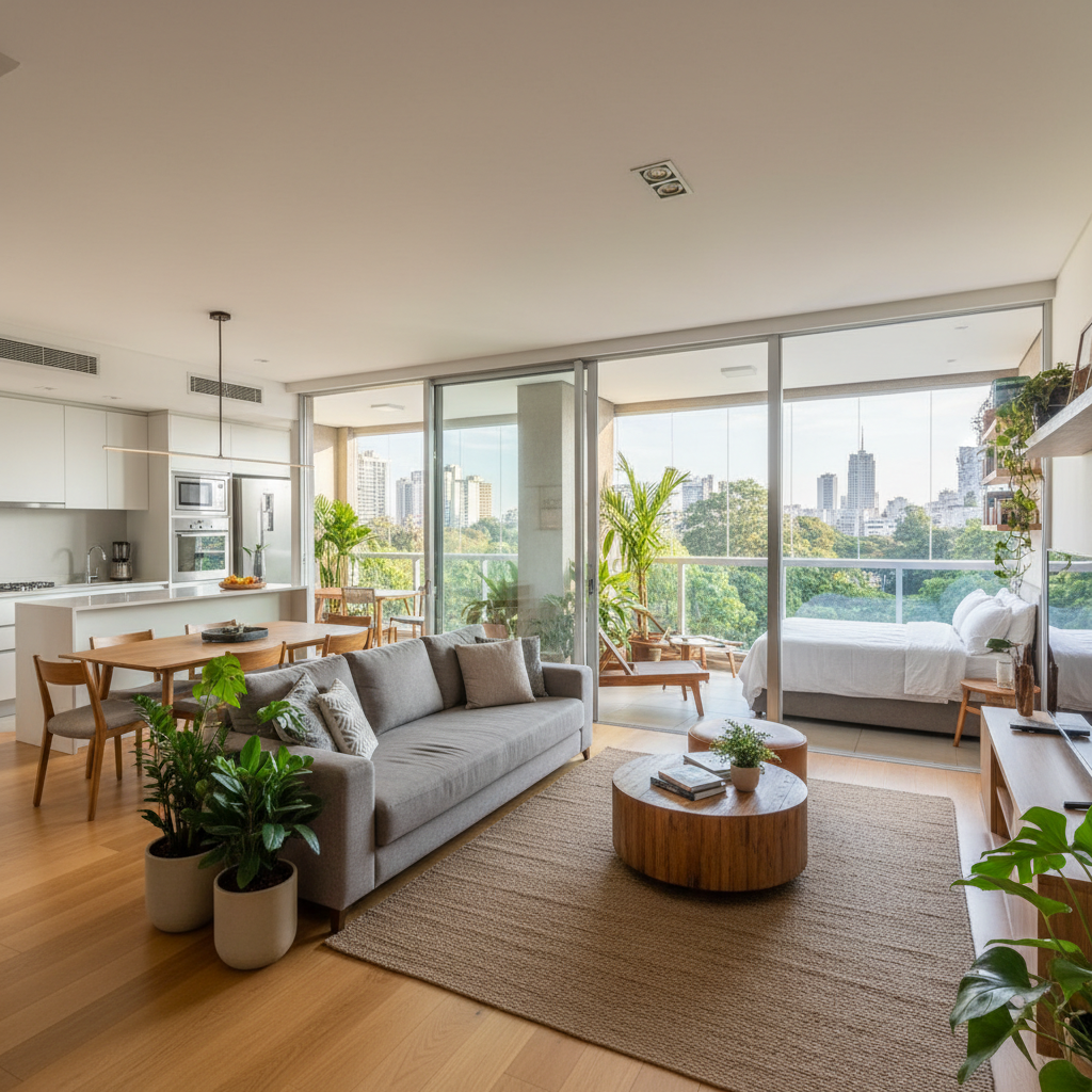 Modern rezidans daire, açık mutfak, balkon, şehir manzarası