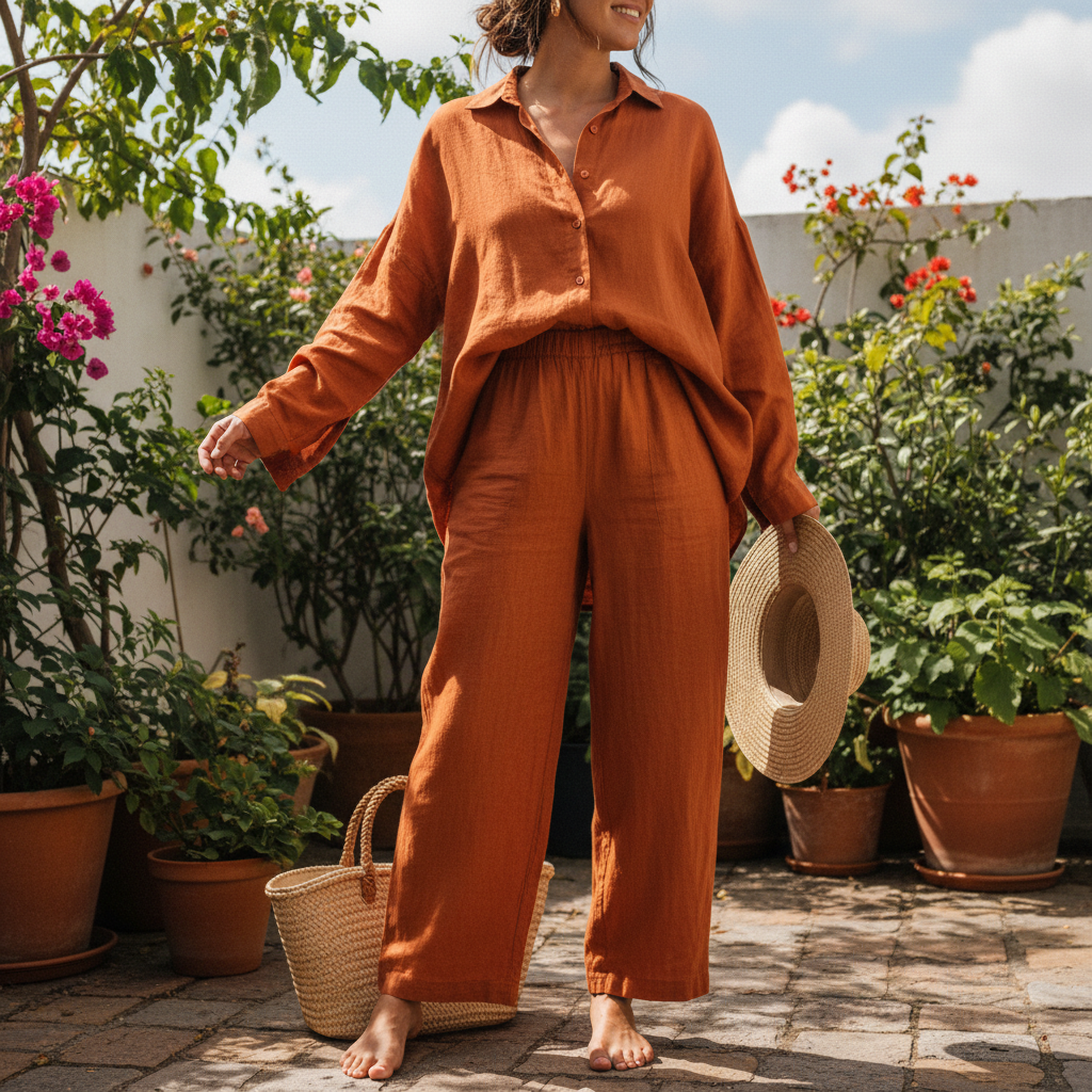 Sand colored linen matching set, outdoor summer setting, relaxed editorial styling