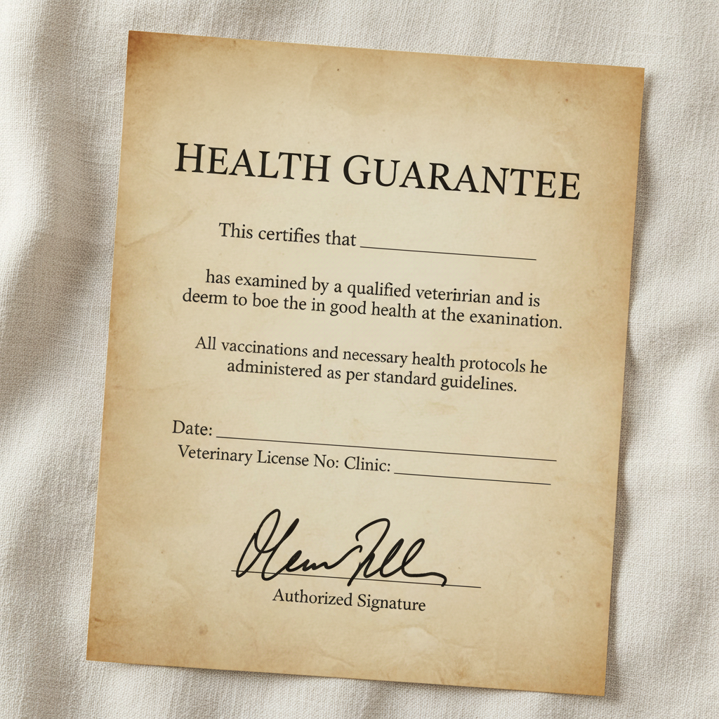 Health guarantee document photographed on cream linen background, handwritten signature visible at bottom