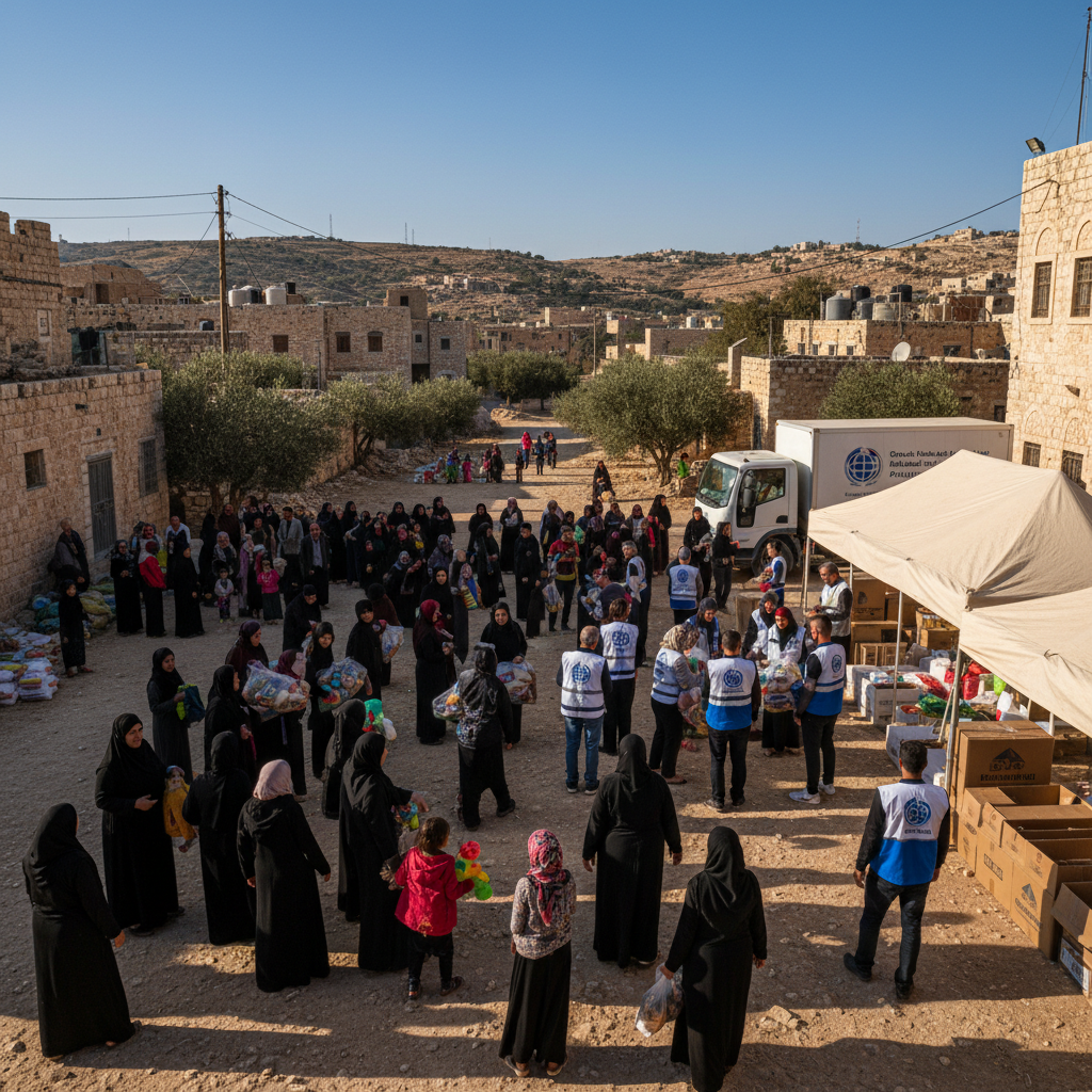 Palestinian community members in West Bank village receiving humanitarian assistance during emergency response