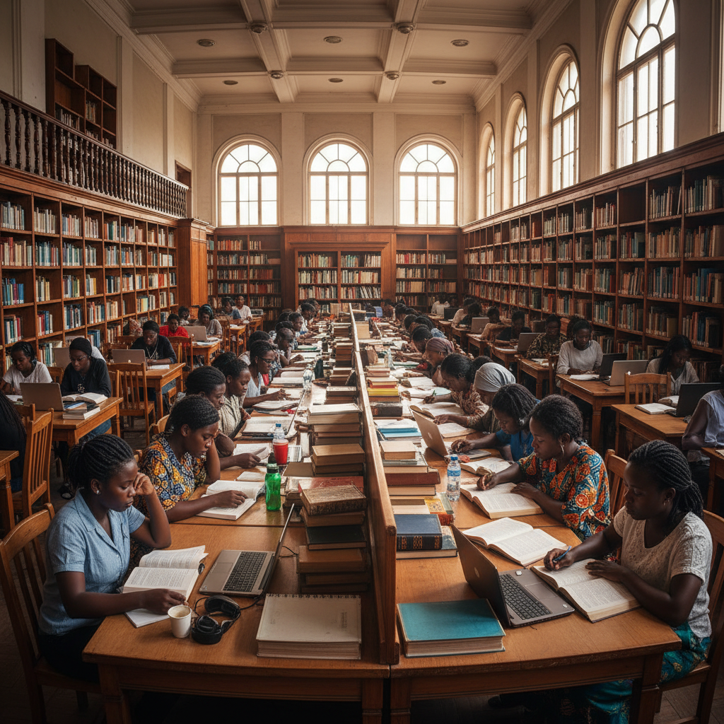 University library with African students studying and reading at GHITS Bamenda