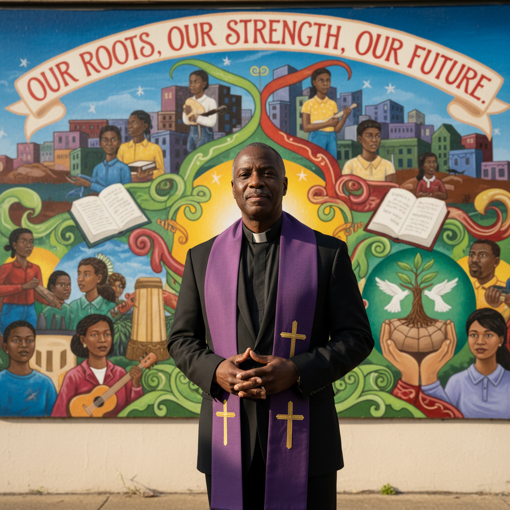 Middle-aged male pastor with friendly smile in smart casual clothing, warm professional portrait