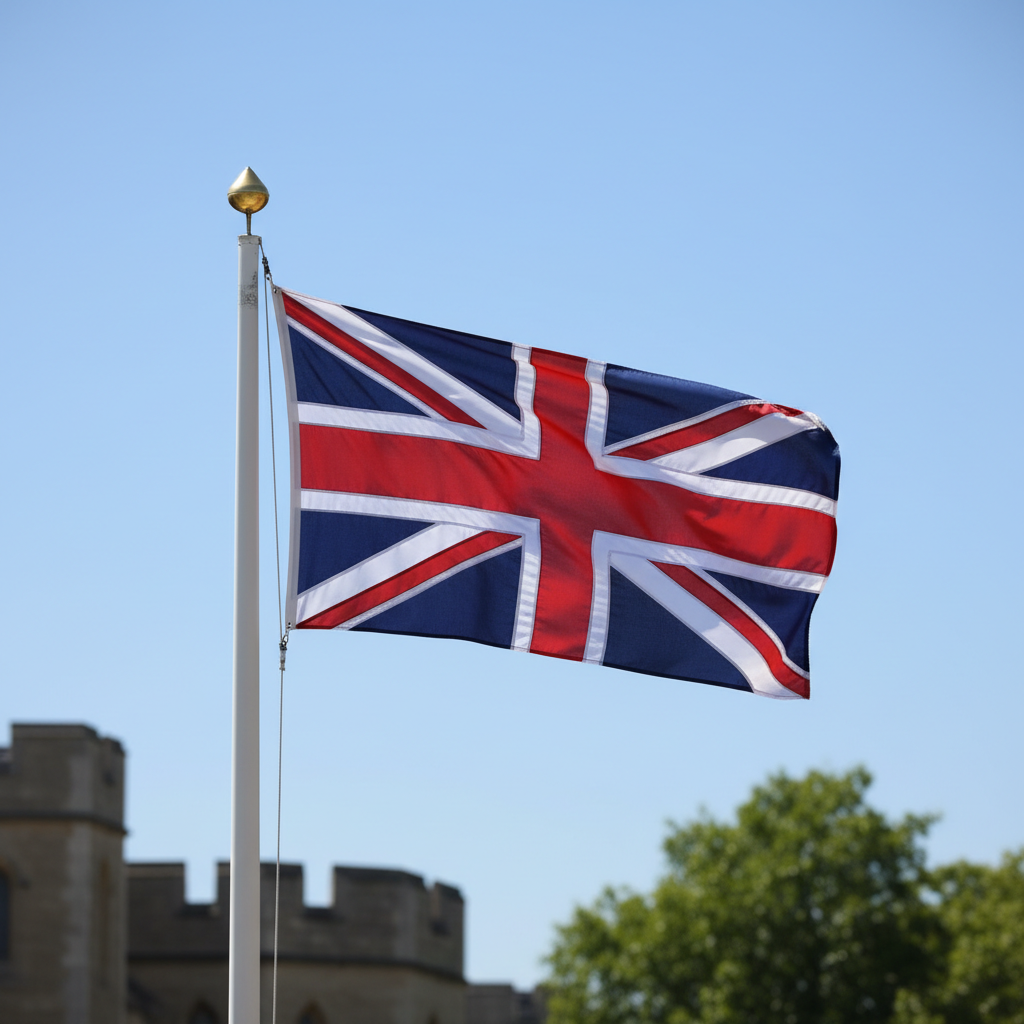United Kingdom flag with red cross of Saint George and diagonal red cross of Saint Andrew on blue background