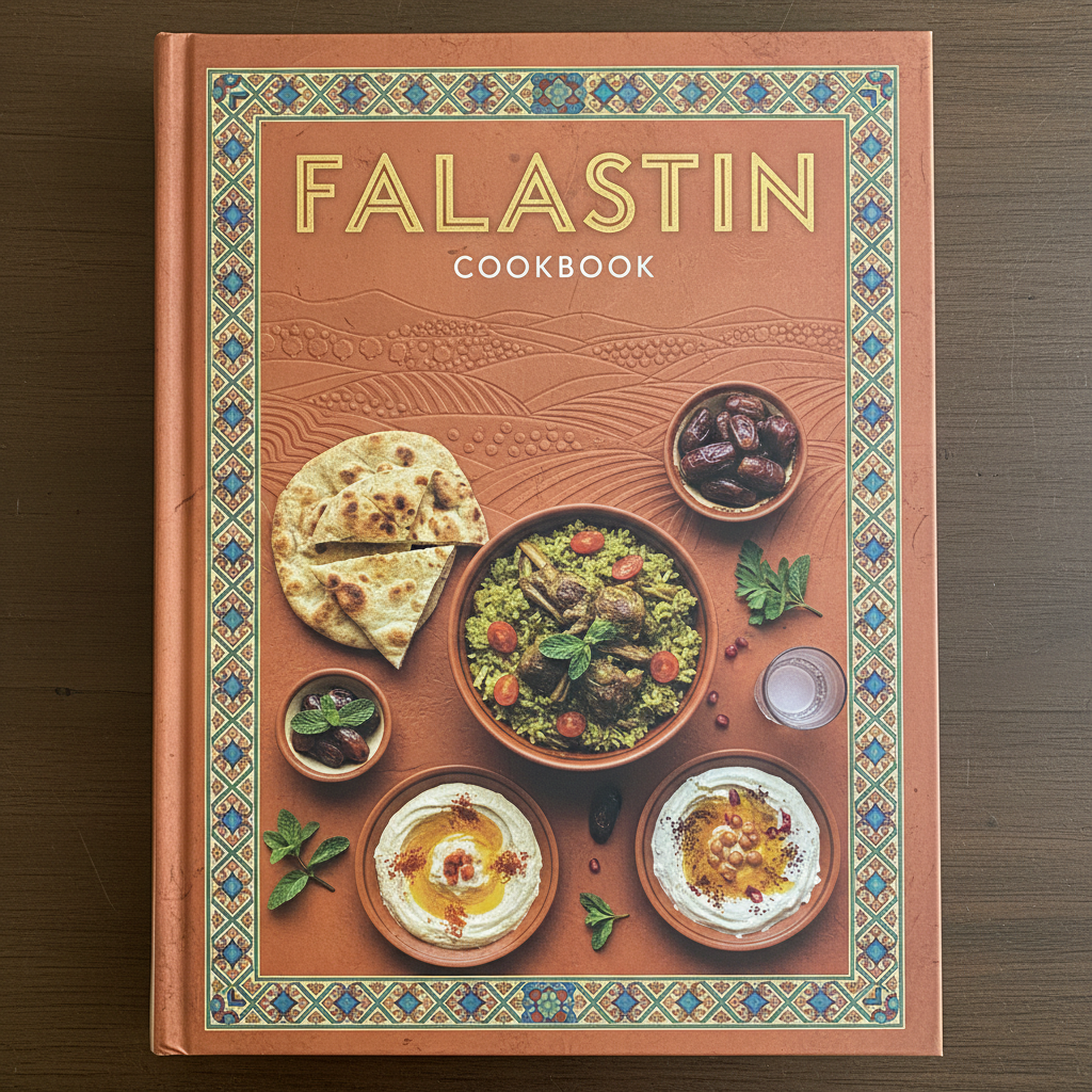 Earthy terracotta cover with Palestinian landscape and food, Falastin cookbook