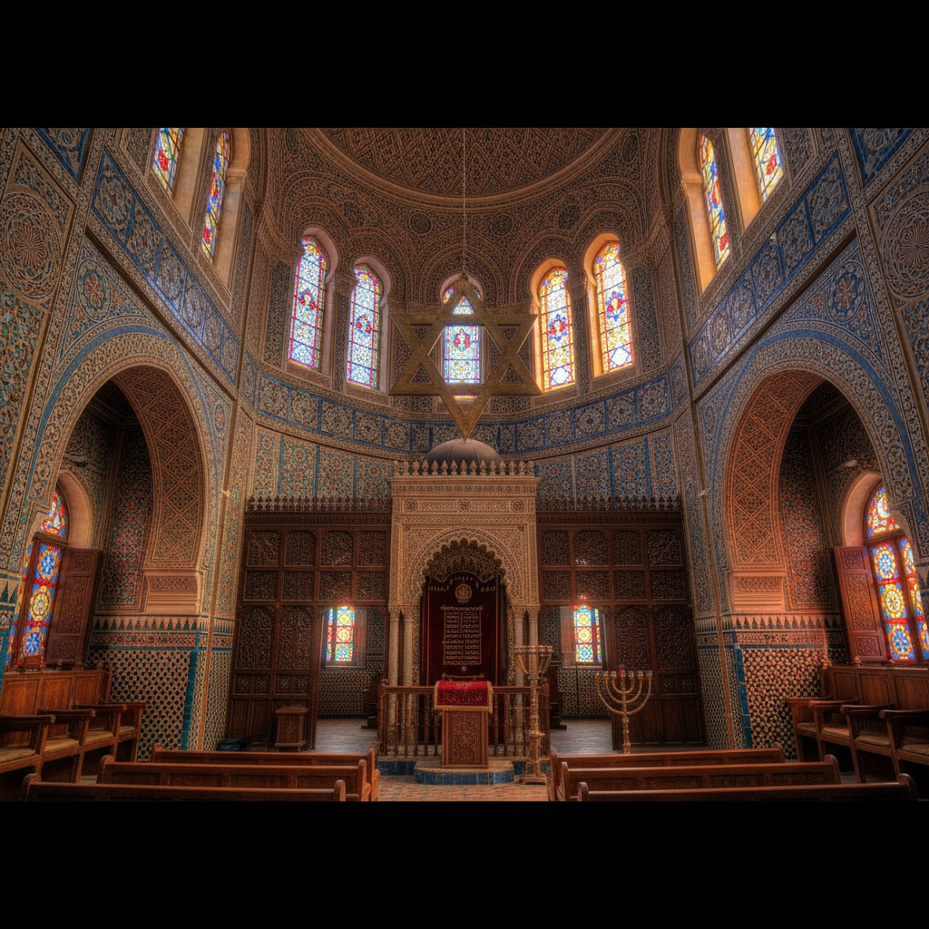 Historic Jewish synagogue interior in Morocco with ornate Moorish decorations and Star of David