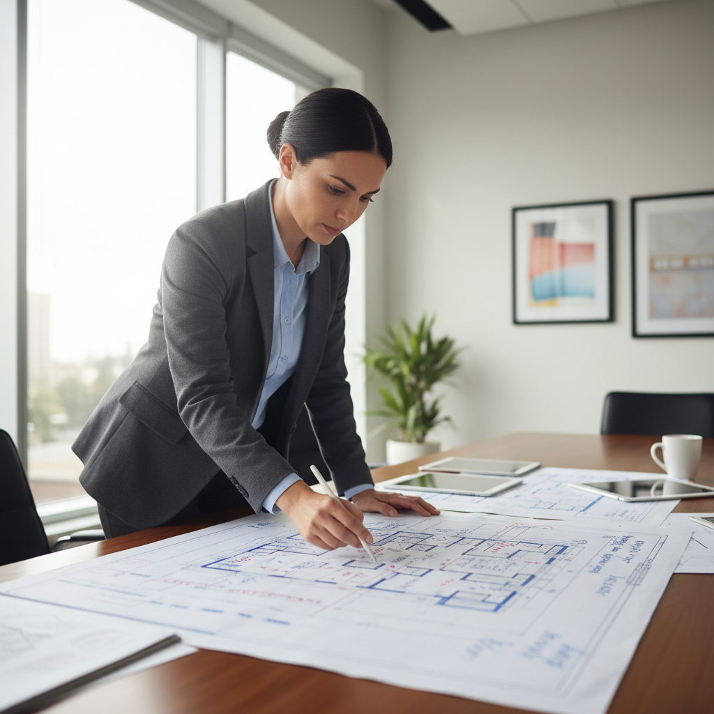 Professional architect with short dark hair in gray suit reviewing blueprints in modern office