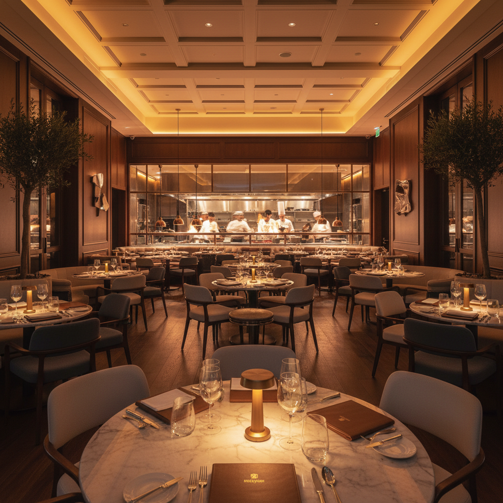 Upscale restaurant interior with warm amber lighting and open kitchen in Austin