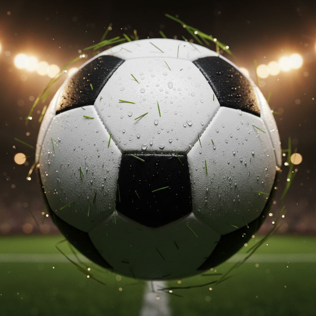 Close-up of a soccer match ball mid-spin with individual grass blades and moisture beading along the seams, stadium lights bokeh-blurred into amber orbs behind it