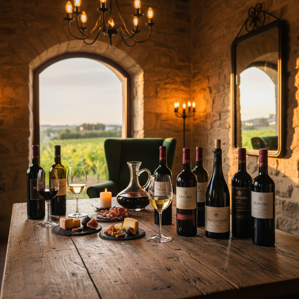 Elegant wine tasting setup with multiple wine glasses and wine bottles on rustic wooden table in vineyard with grapevines and rolling hills in background