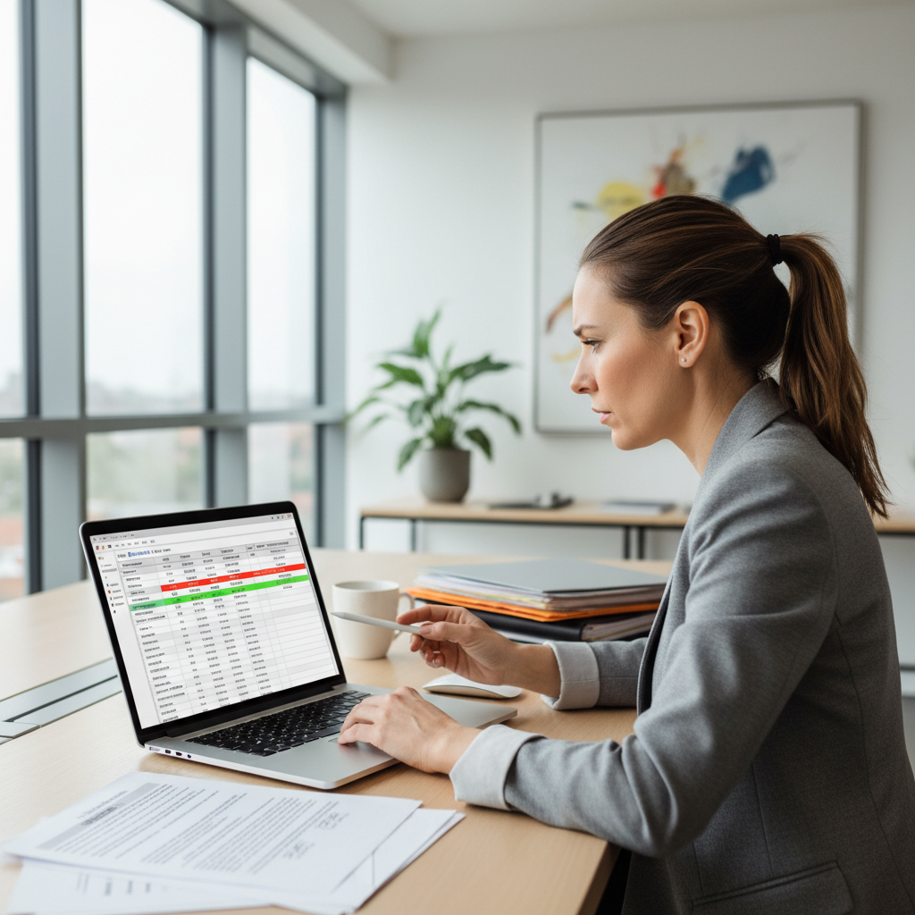 IT consultant reviewing software licence agreements and renewal schedules on a laptop in a UK office