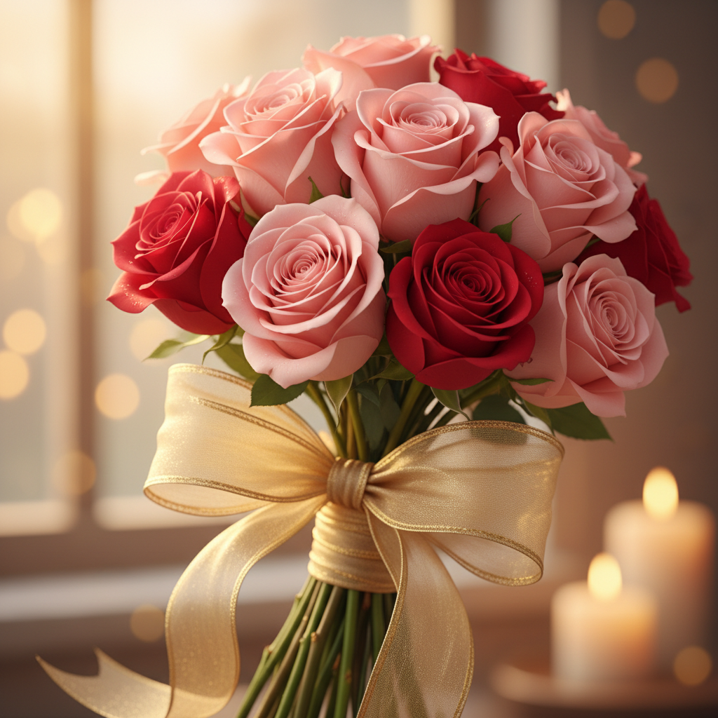 Soft pink and cream roses in a romantic arrangement against warm golden light