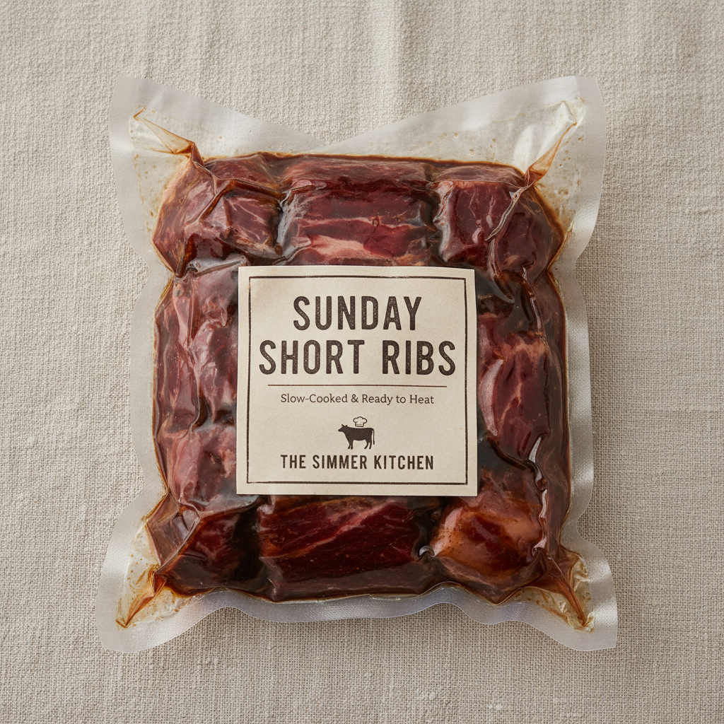 Vacuum-sealed Simmer pouch of Sunday Short Ribs against a linen background