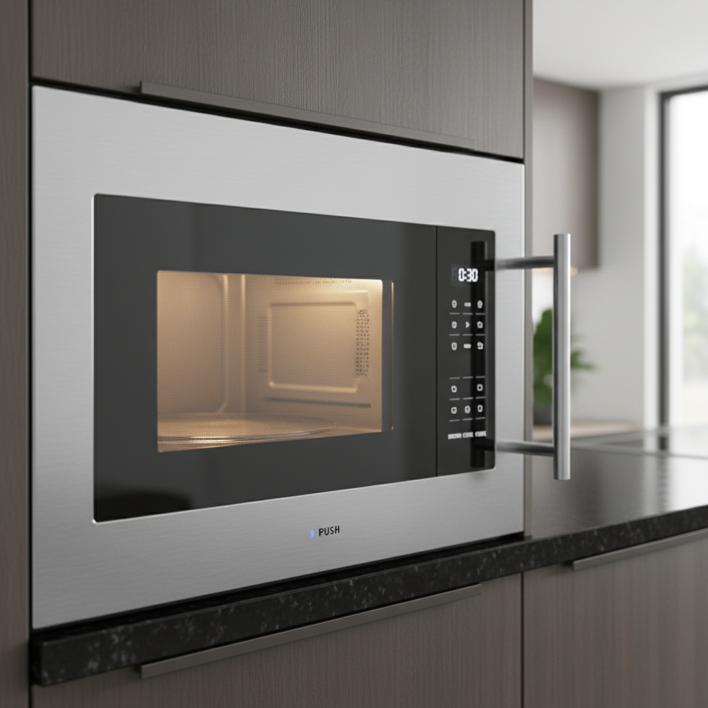 Micro-ondas inox moderno em bancada de cozinha clean