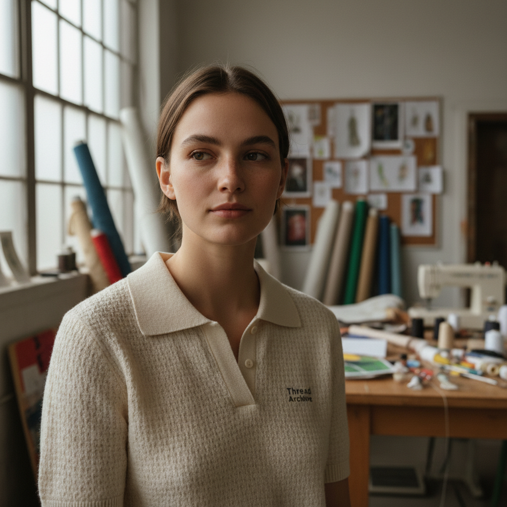 Young woman wearing Thread archive polo at a creative studio, surrounded by fabric swatches and design sketches