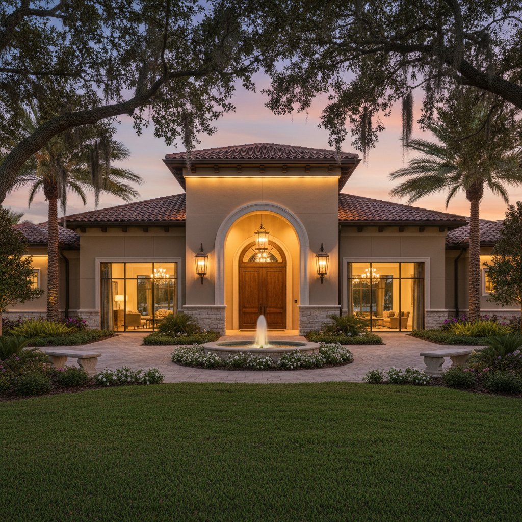 Luxury community clubhouse with evening lighting and mature landscaping