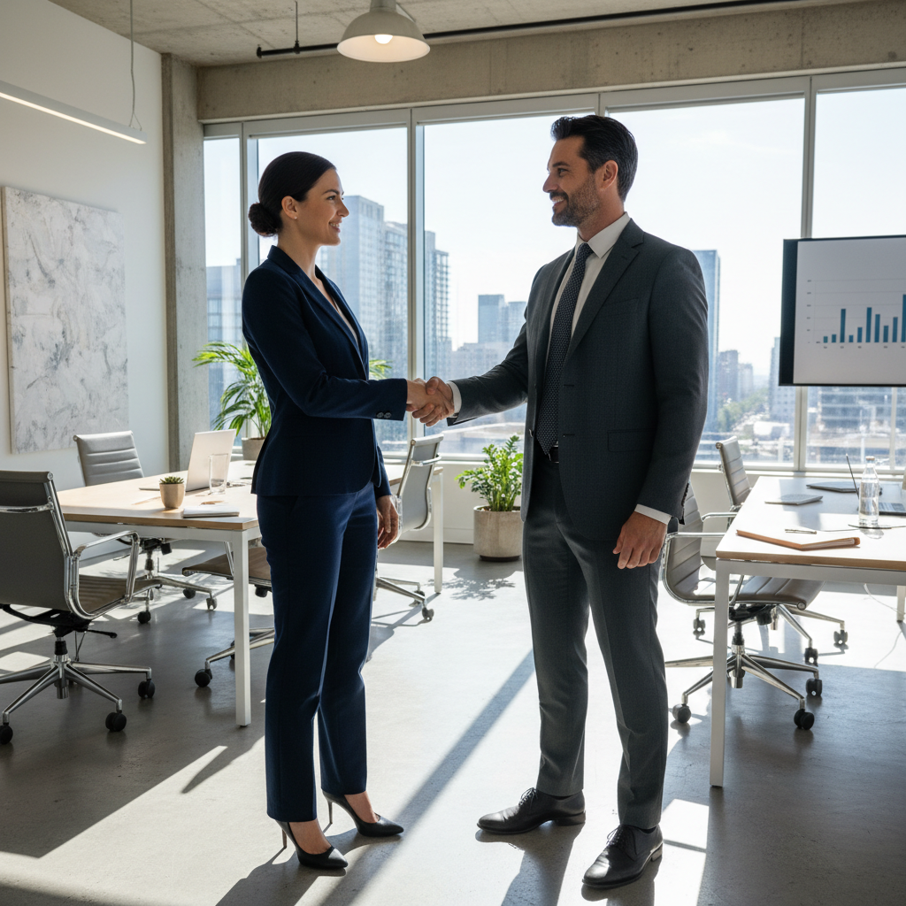 Sales professional shaking hands with client in bright modern business meeting room
