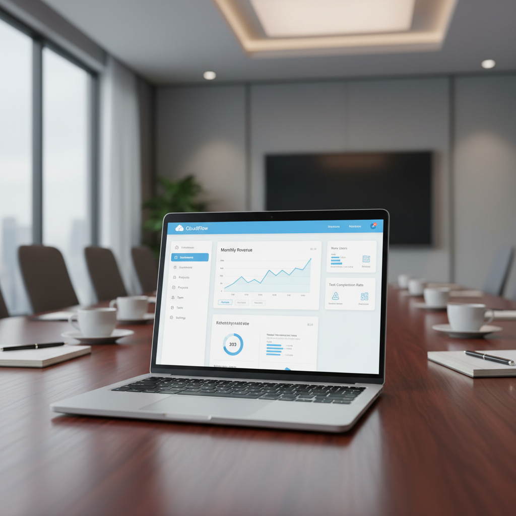 Laptop screen showing clean SaaS dashboard with charts and navigation