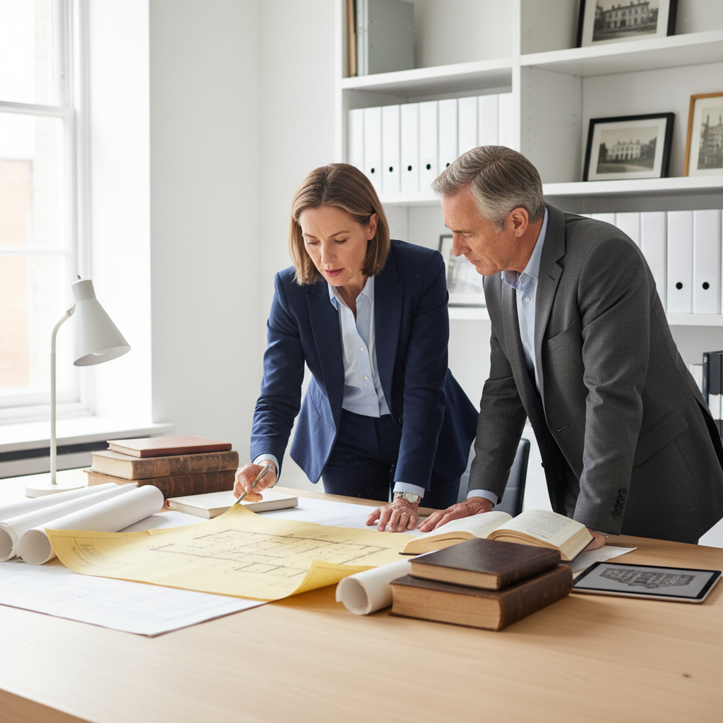 Visa consultant reviewing documents with client in office