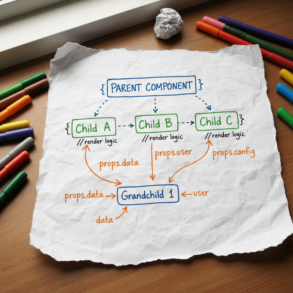 React component diagram sketched on paper with colored markers, showing data flow arrows between parent and child components