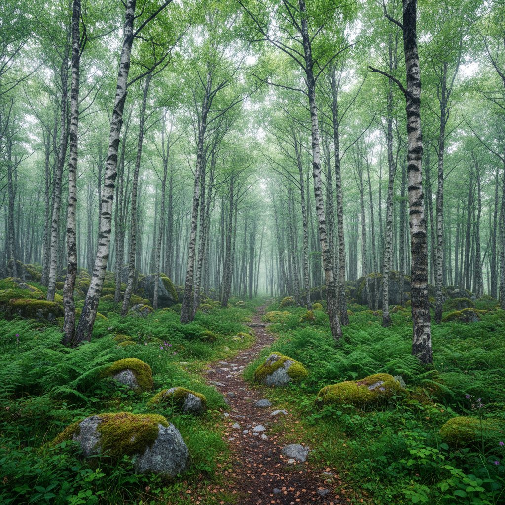 Dense Nordic birch forest with mossy granite boulders and filtered Arctic light