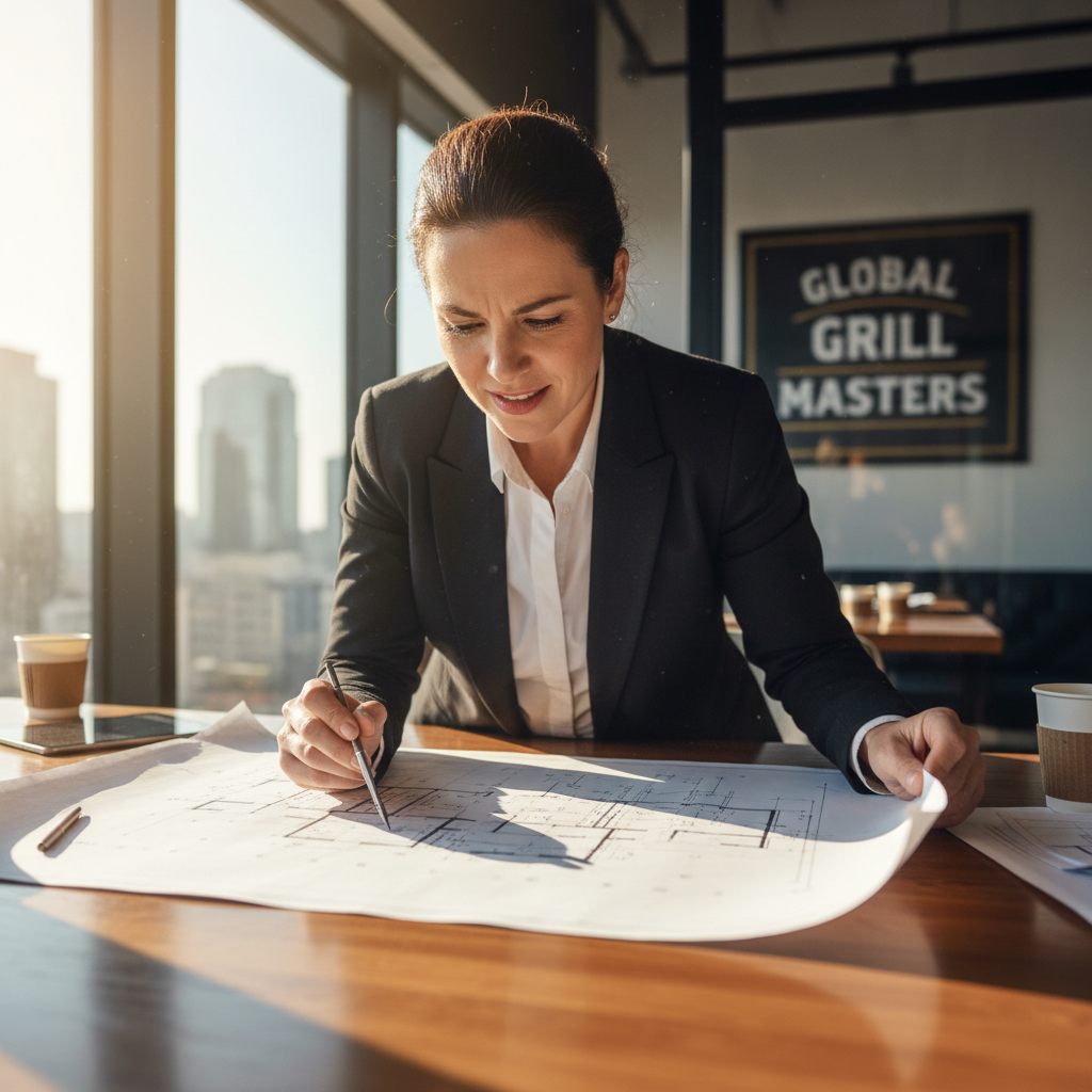 Franchise operator reviewing blueprints and site plans at a table