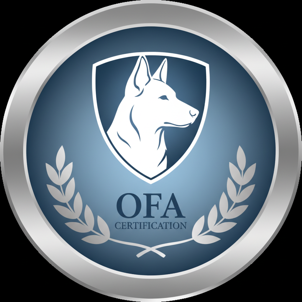 OFA certification badge with blue shield and white dog silhouette